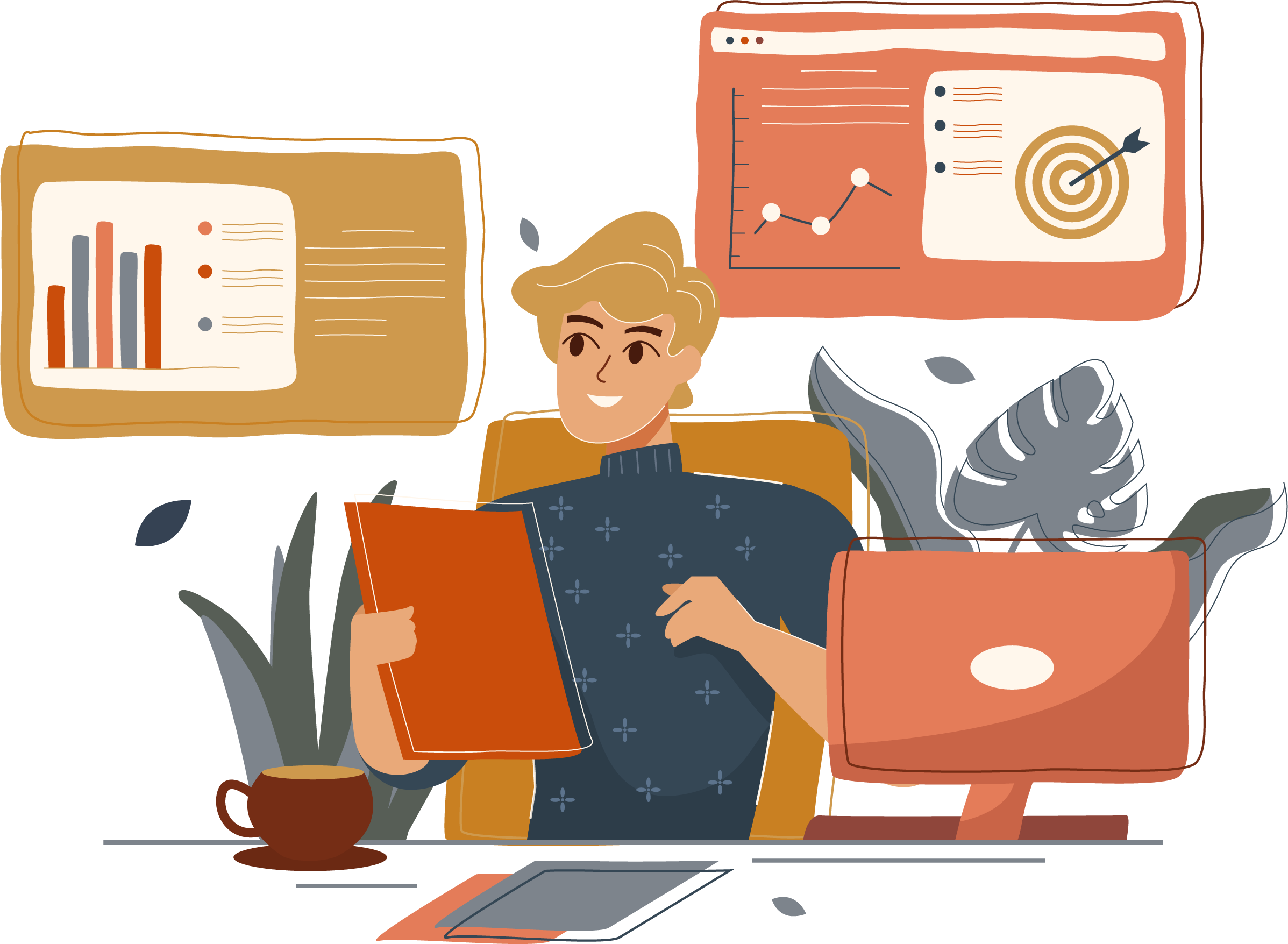 man at his desk with laptop and chart grahics